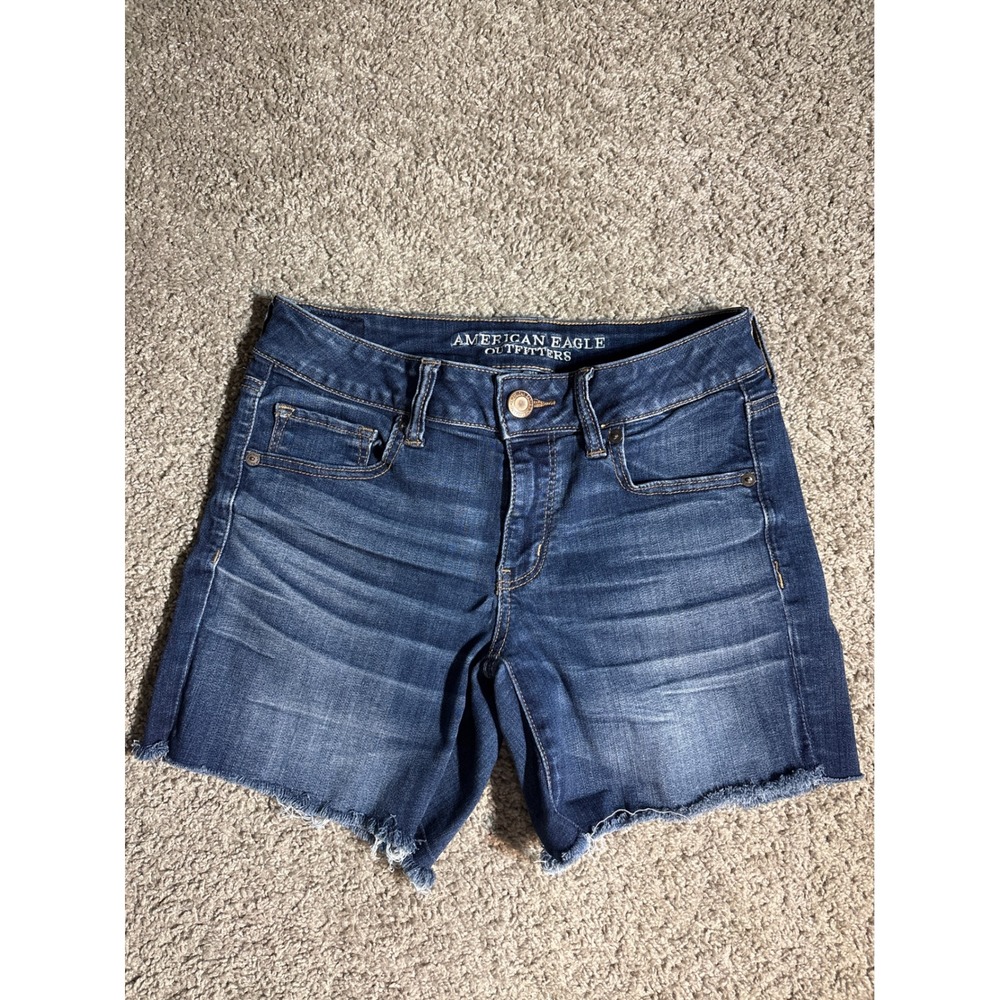 American Eagle Midi Denim Shorts Dark Wash Super Super Stretch Raw Hem Size 8